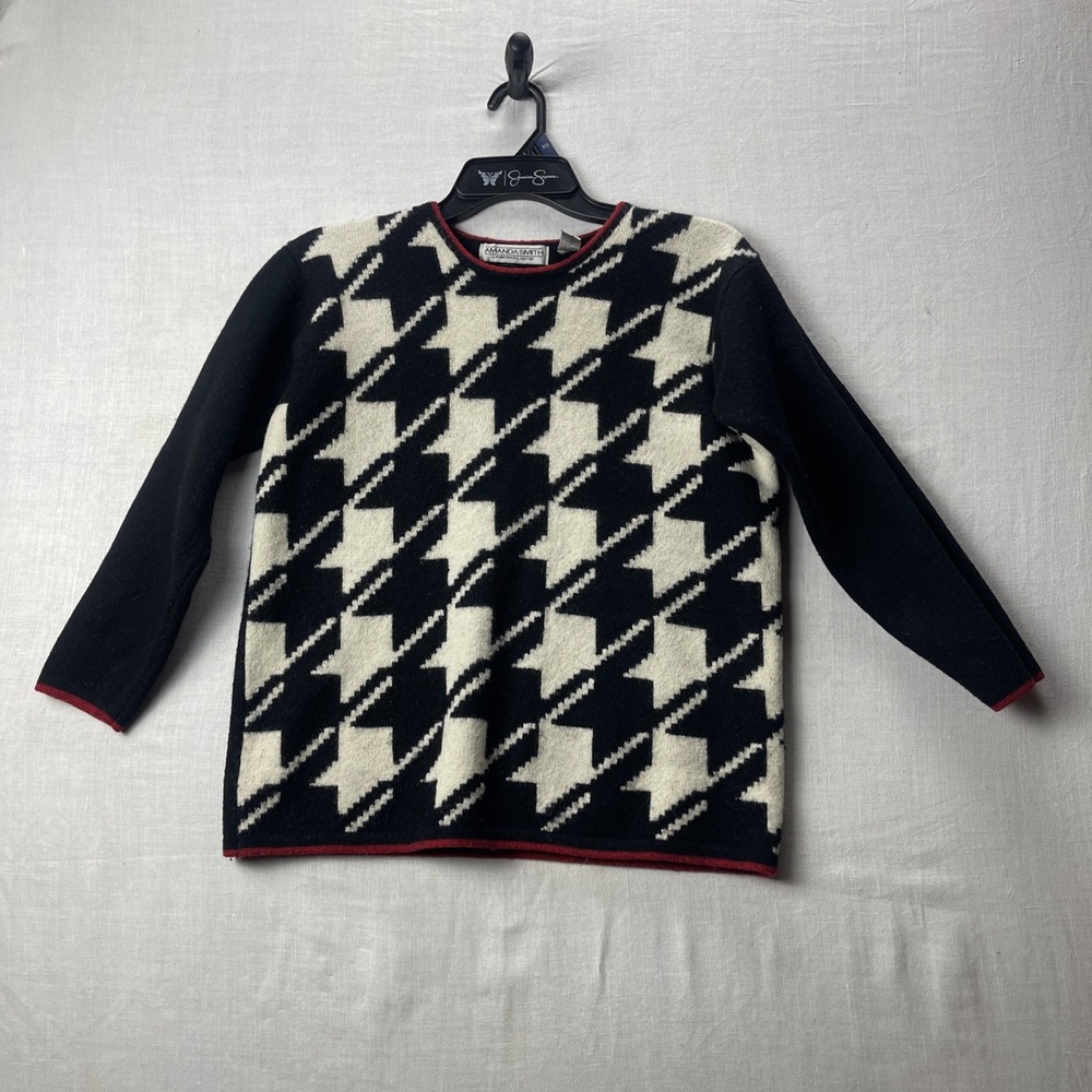 Amanda Smith Lambswool Blend Sweater Size L Black/White Houndstooth Design UK